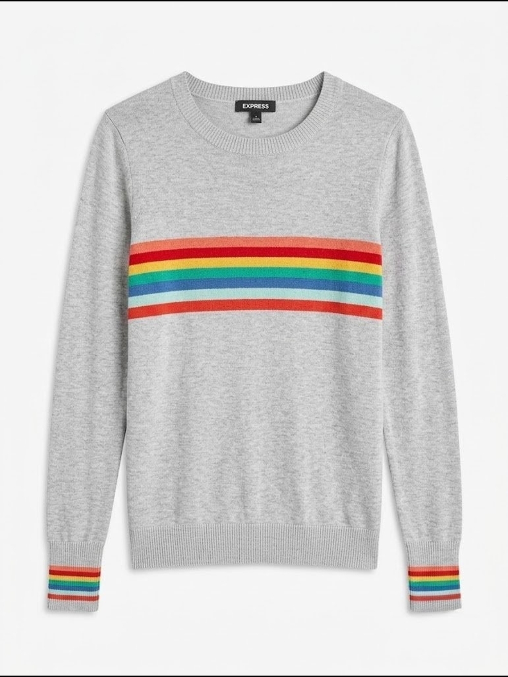 Express Light Weight Gray Crewneck Sweater with Rainbow Chest Stripe